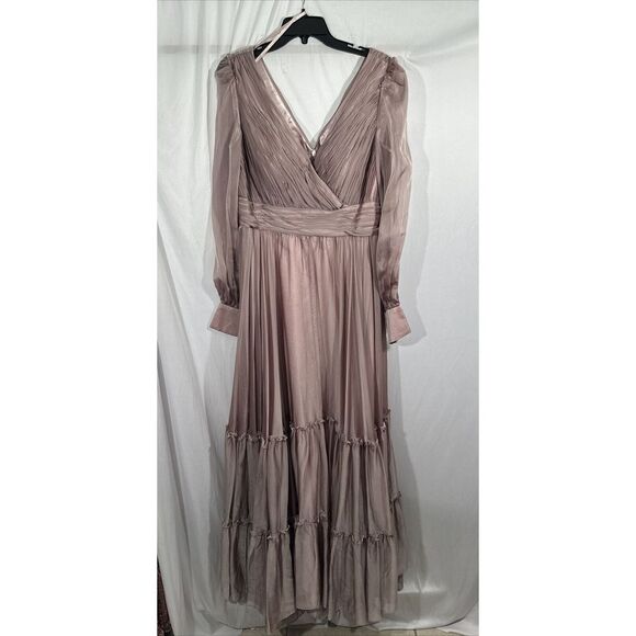 NWD $598 Mac Duggal [ 12 ] Faux Wrap long Sleeve Tiered Gown in Mocha Pink #S976 - Picture 4 of 16